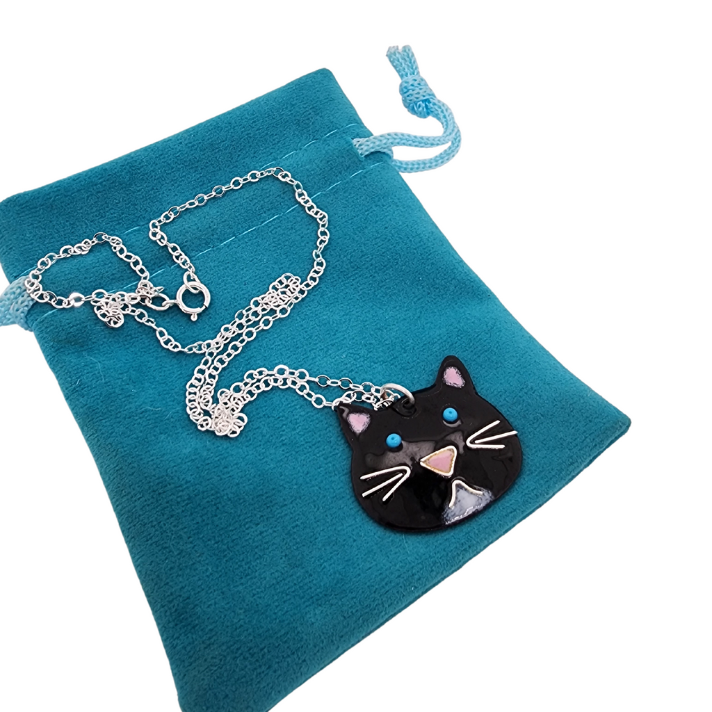 glass enamel cat necklace on a silver chain