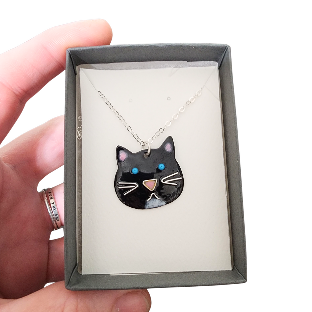 black and white cat charm necklace