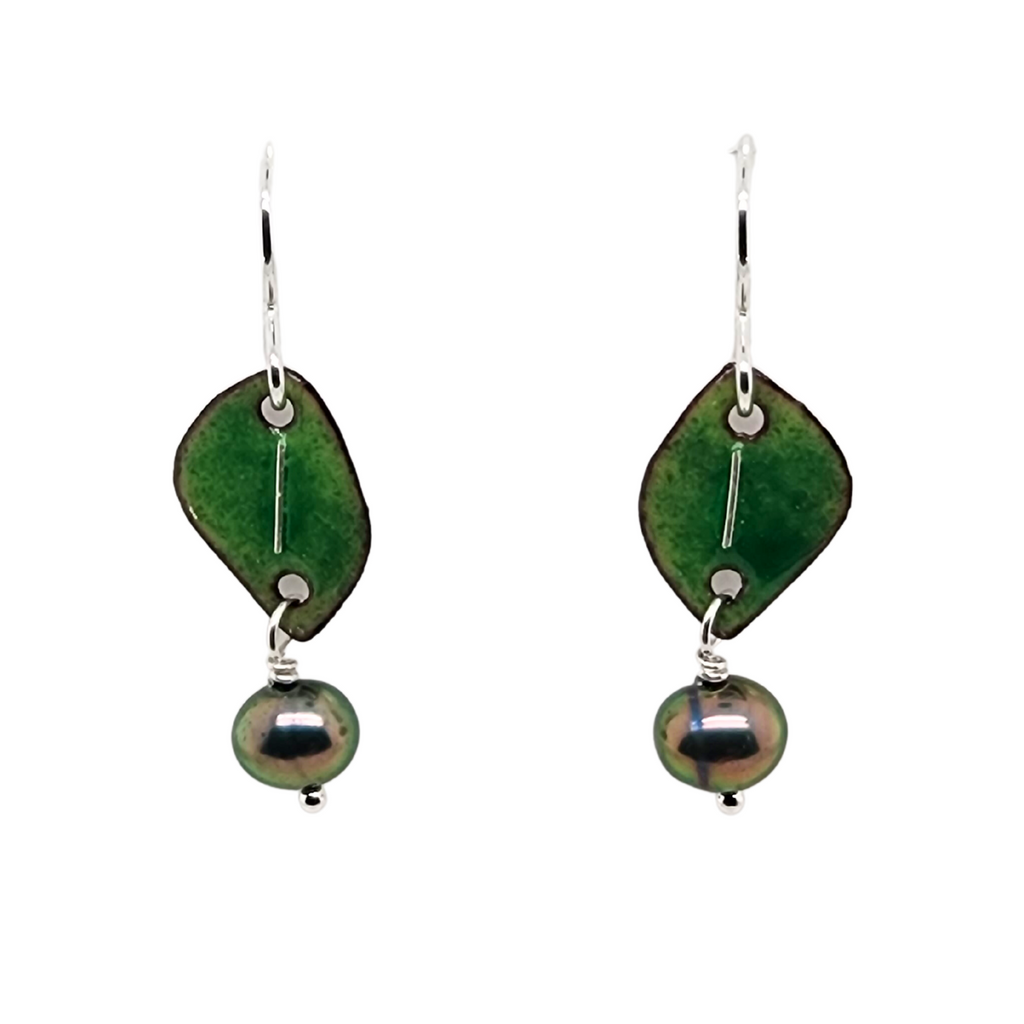 dark green enamel earrings with pearl dangles