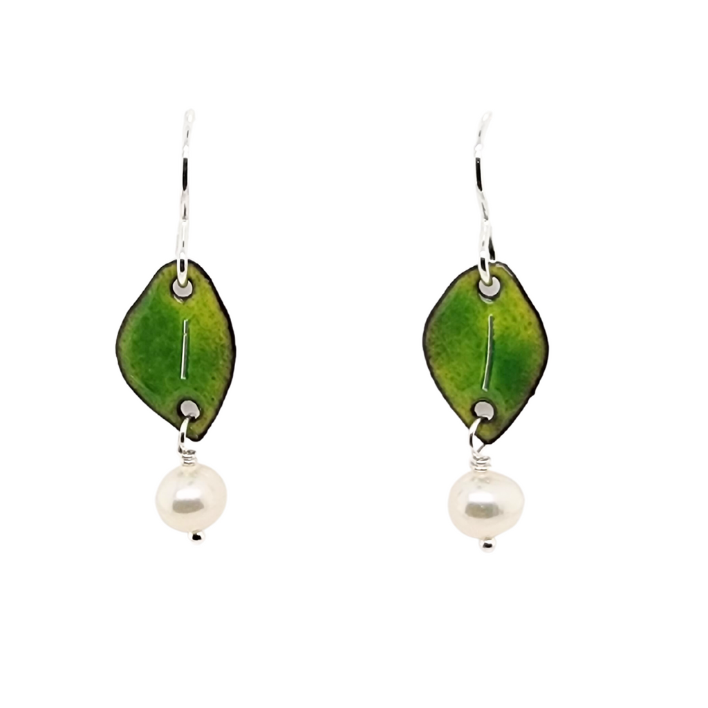 spring green leaf earrings with pearls