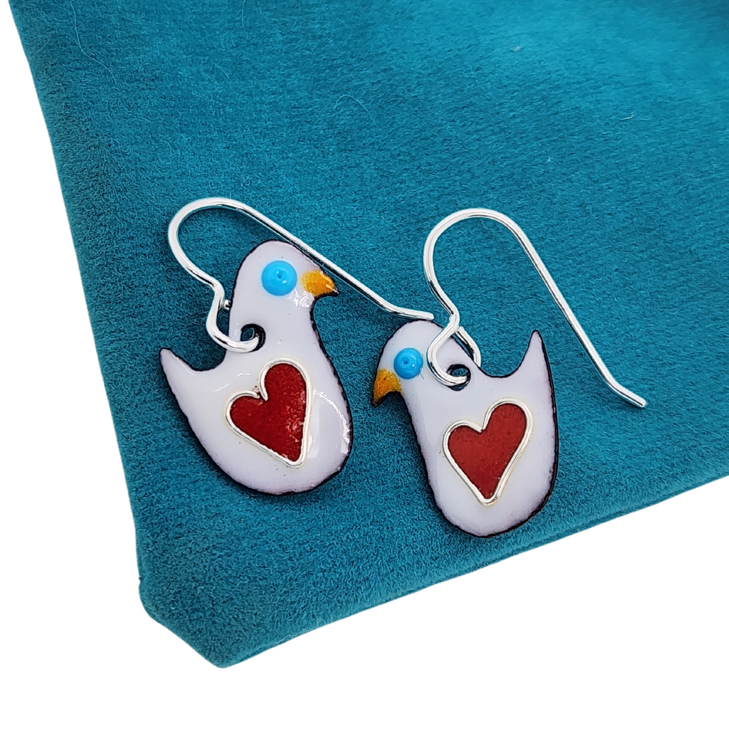 white birds with red hearts earrings