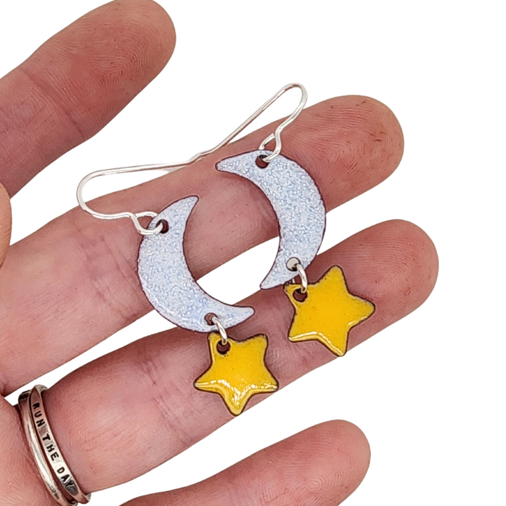 glass enamel earrings with yellow stars and crescent moons