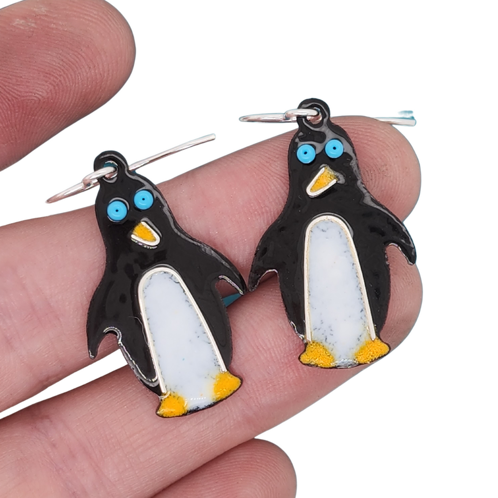 fun animal earrings, glass enamel penguins