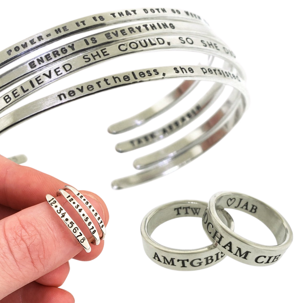 handstamped silver jewelry cuff bracelets and rings