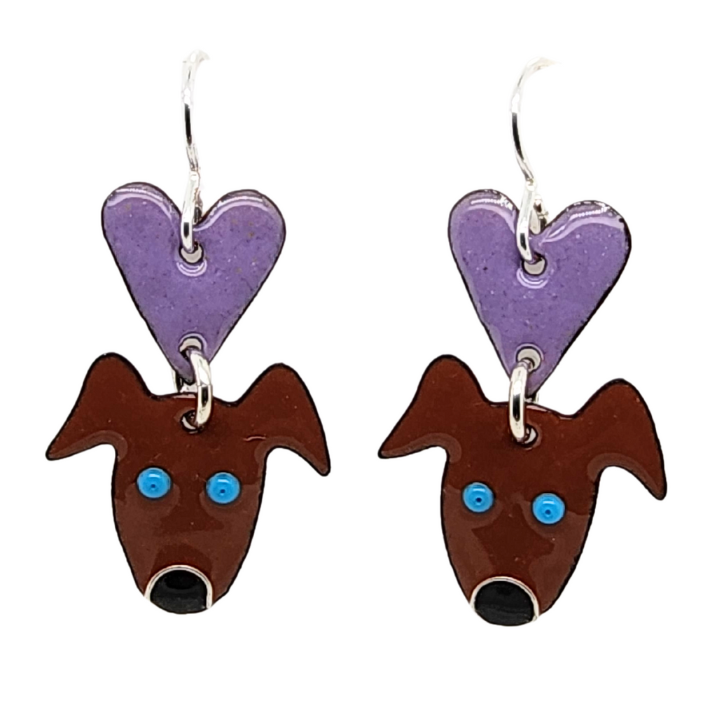 Kathryn Riechert's enameled dog earrings with hearts