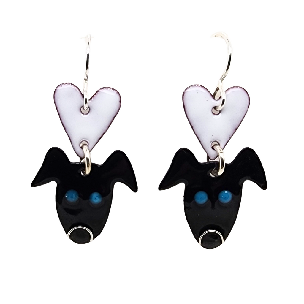 black and white enameled dog earrings with hearts