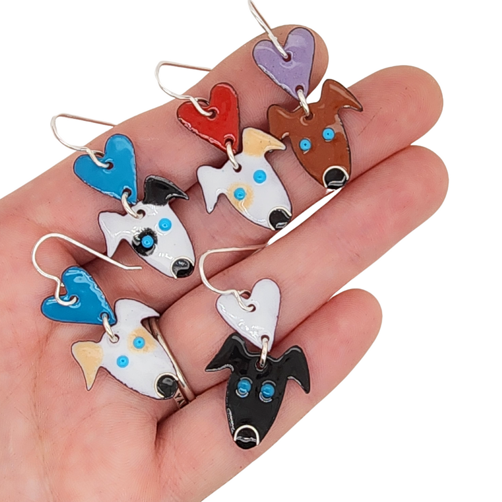 Kathryn Riechert's enameled dog earrings with hearts