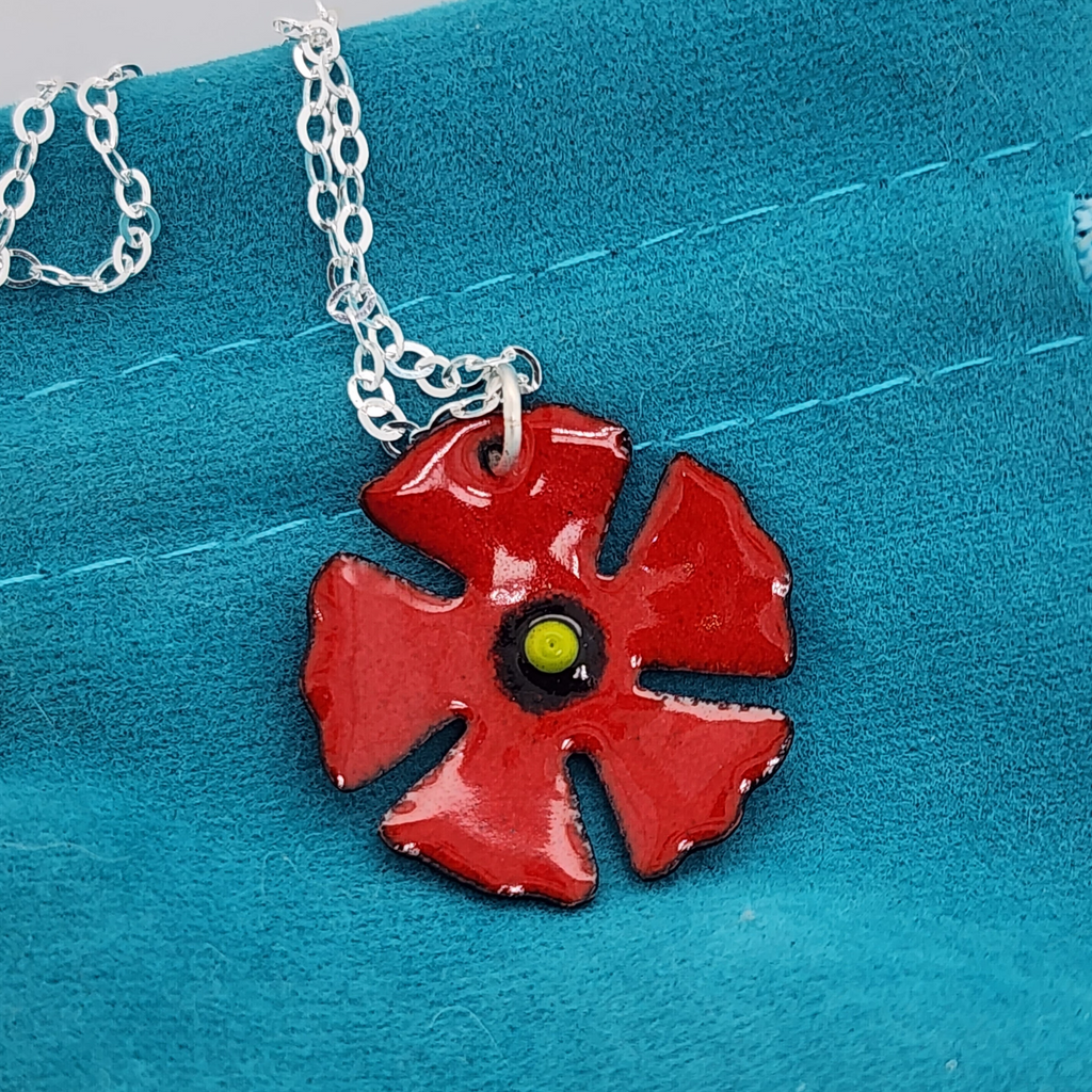 glass enamel red poppy blossom necklace