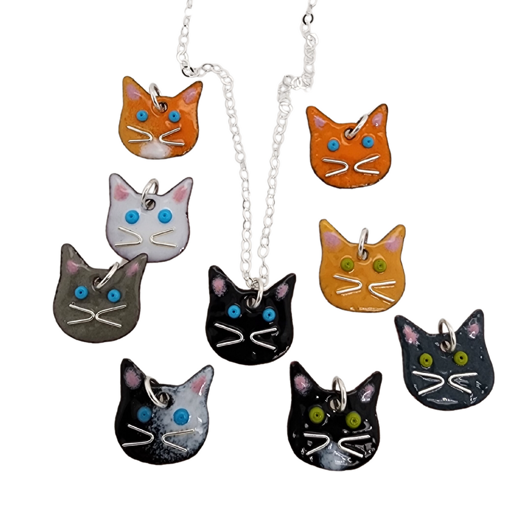enameled cat charm necklaces made by Kathryn Riechert