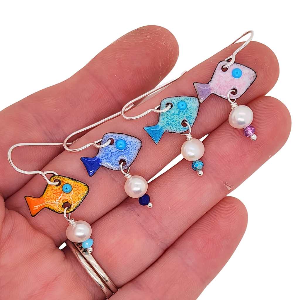 colorful fish earrings handmade by Kathryn Riechert