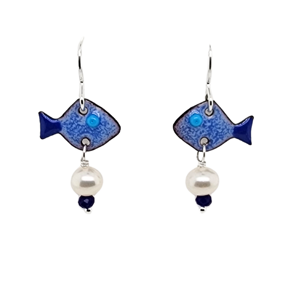purple fish earrings with white pearls