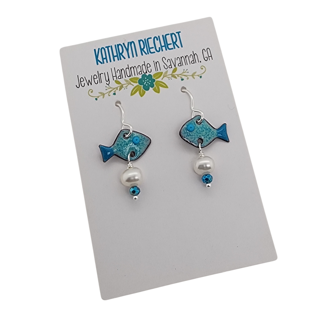 fish dangle earrings on presentation card