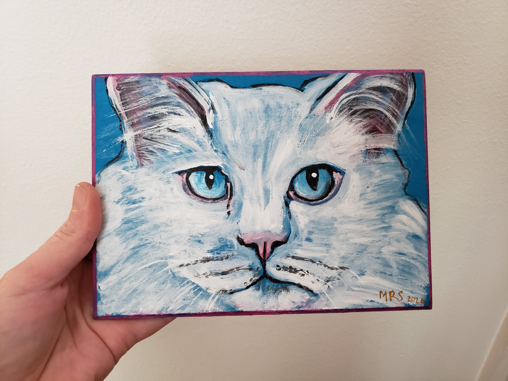 folk art cat painting white and blue
