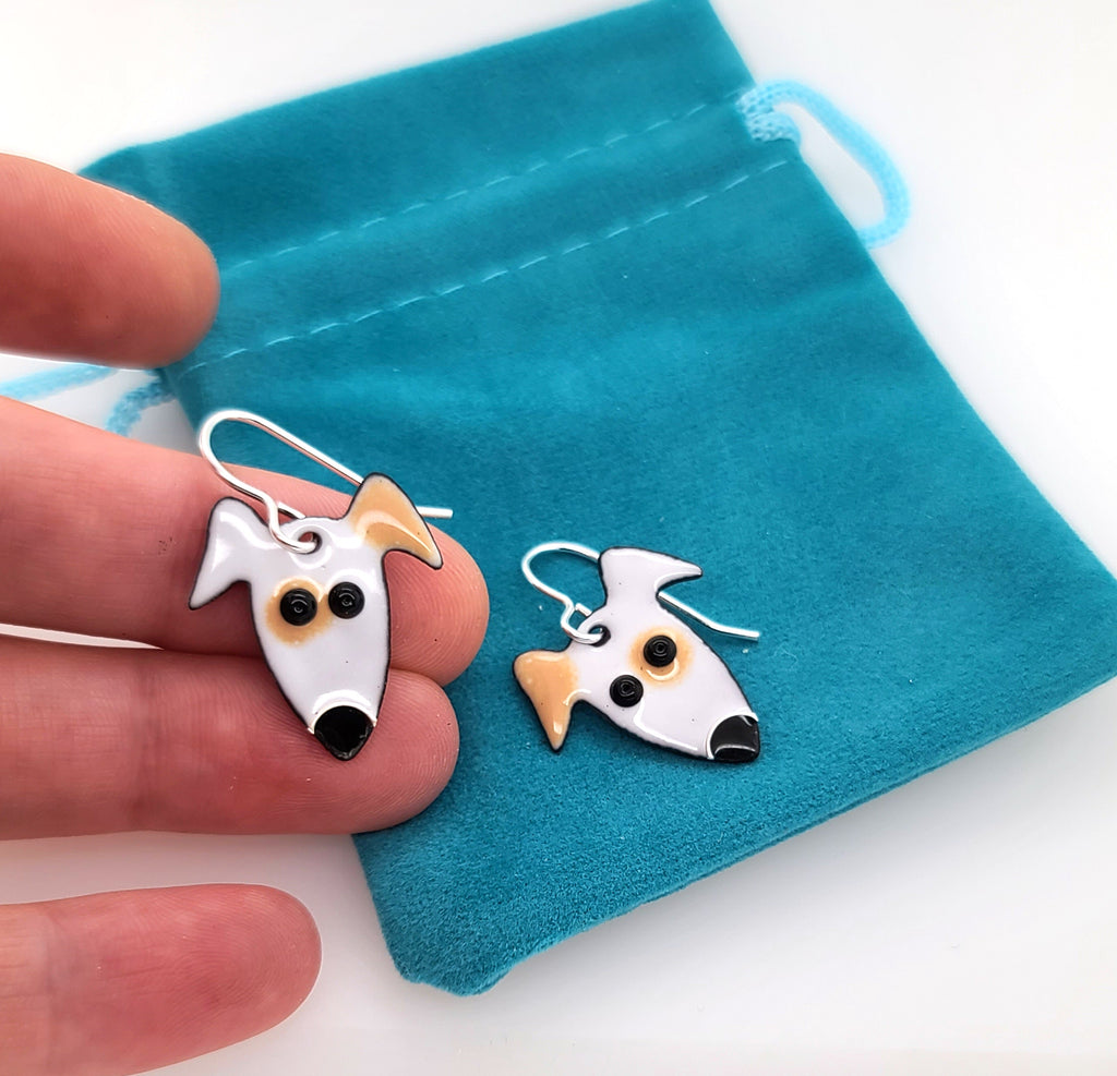 white and brown terrier earrings