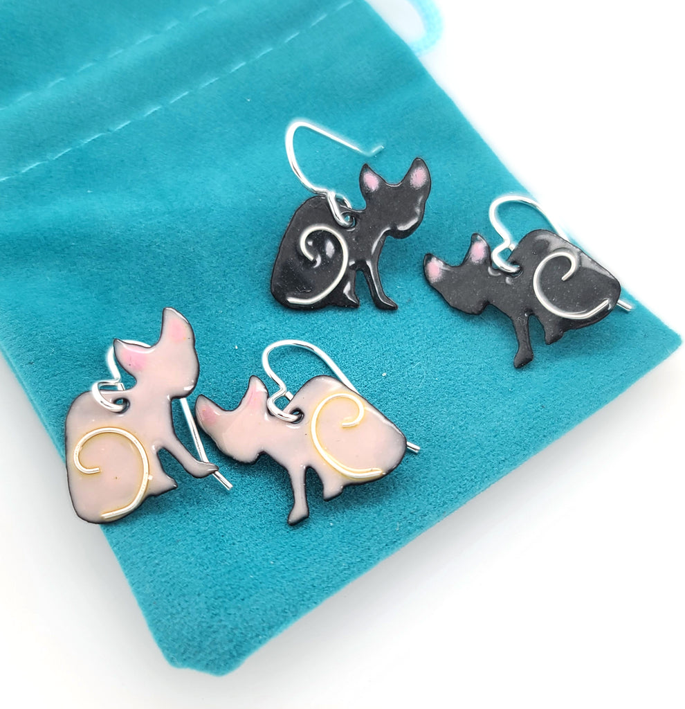 glass enamel earrings in shape of cats