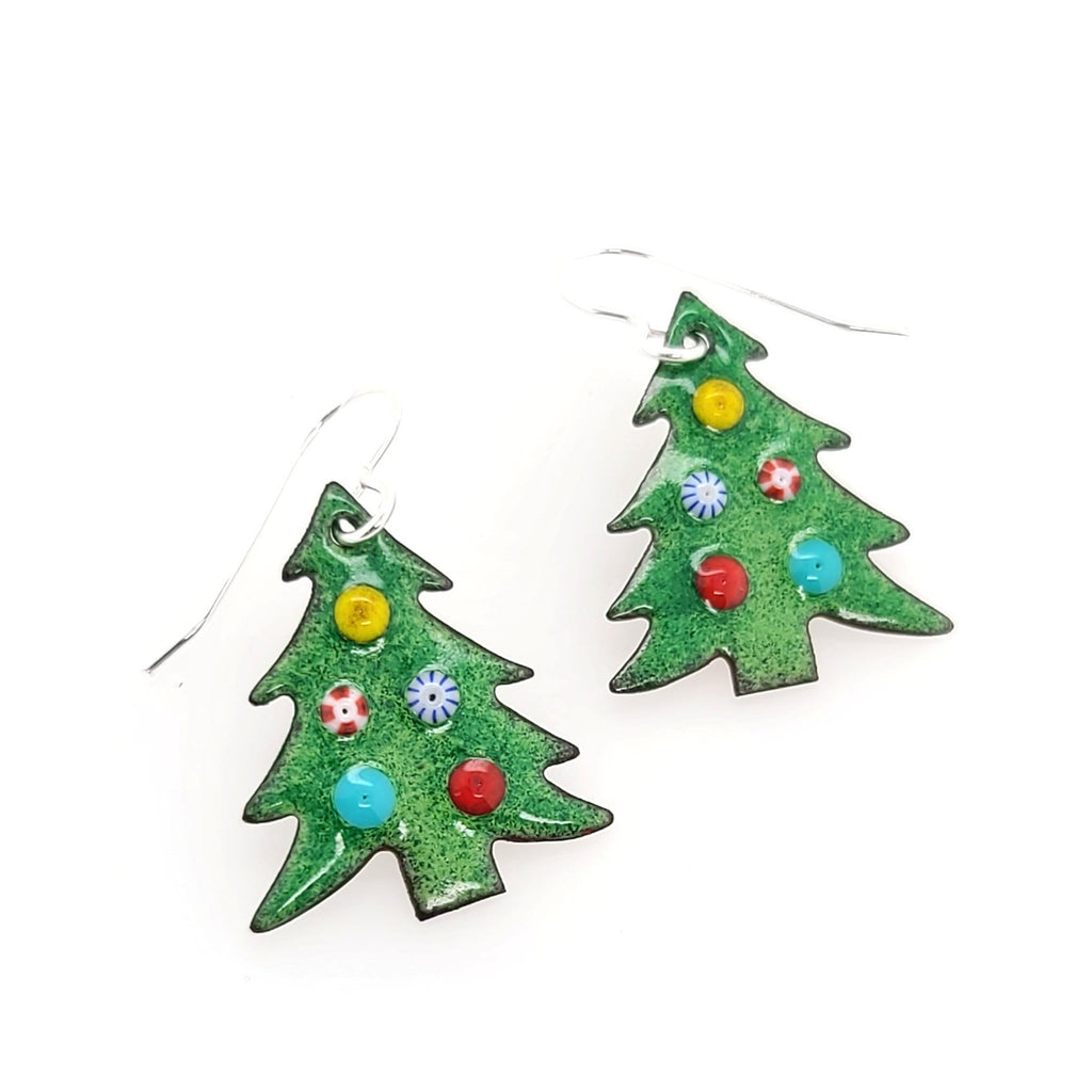 enameled Christmas tree earrings
