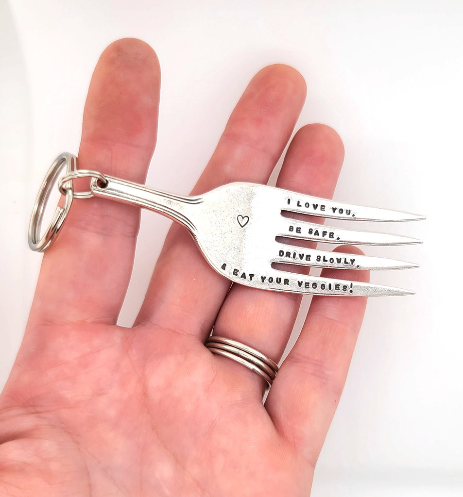 hand stamped vintage fork keychain