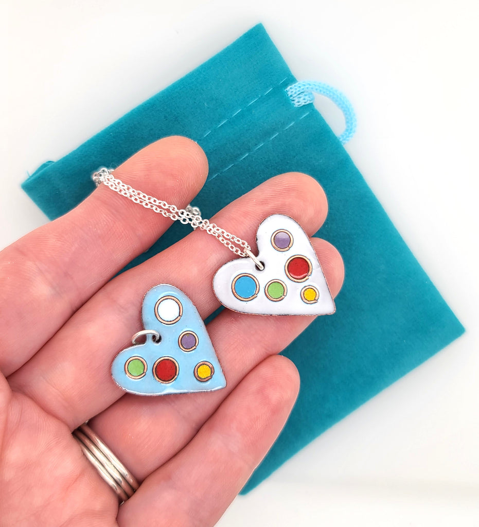 rainbow colored polka dot heart pendants