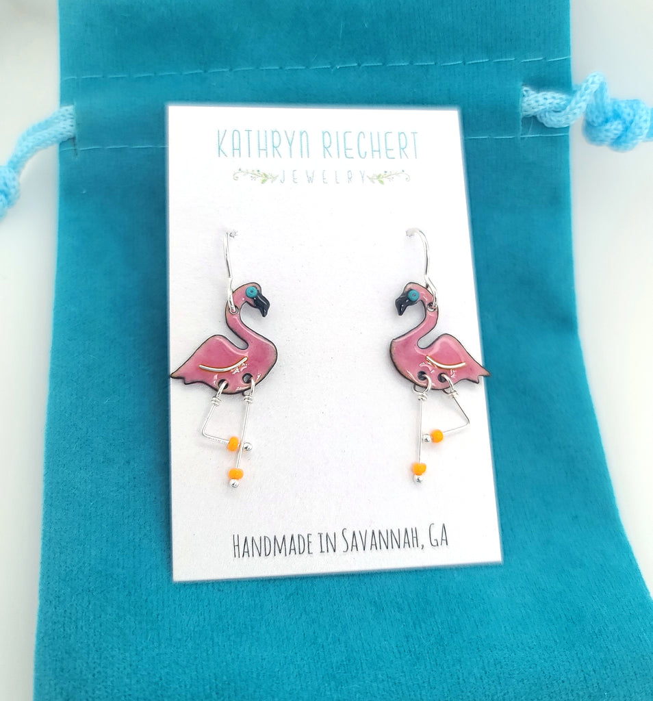 glass enamel flamingo earrings