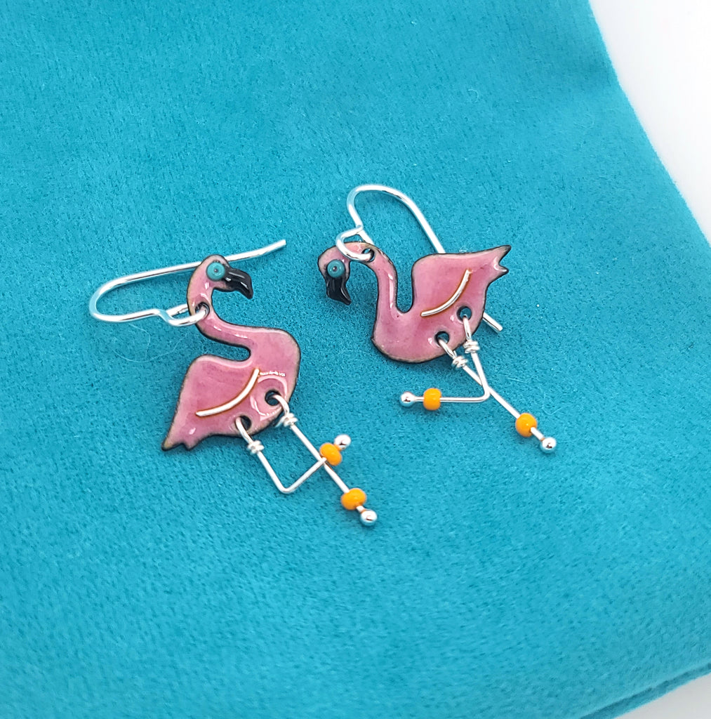 pink flamingos with blue eyes earrings 