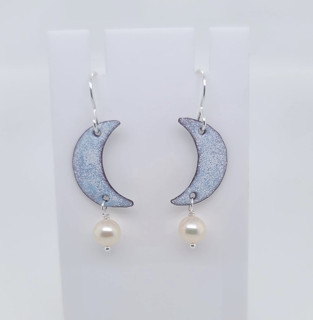 crescent moon earrings with white pearl dangles