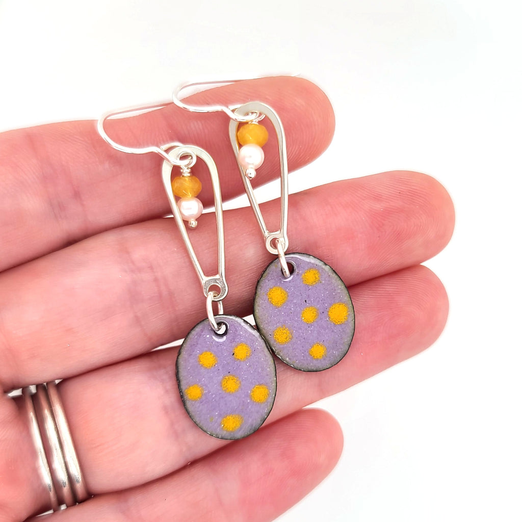 enameled polka dot earrings with purple and yellow