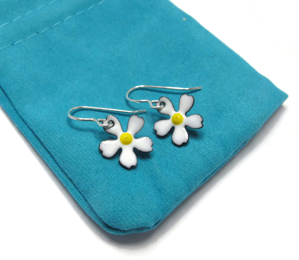 enameled flower earrings, white with yellow centers