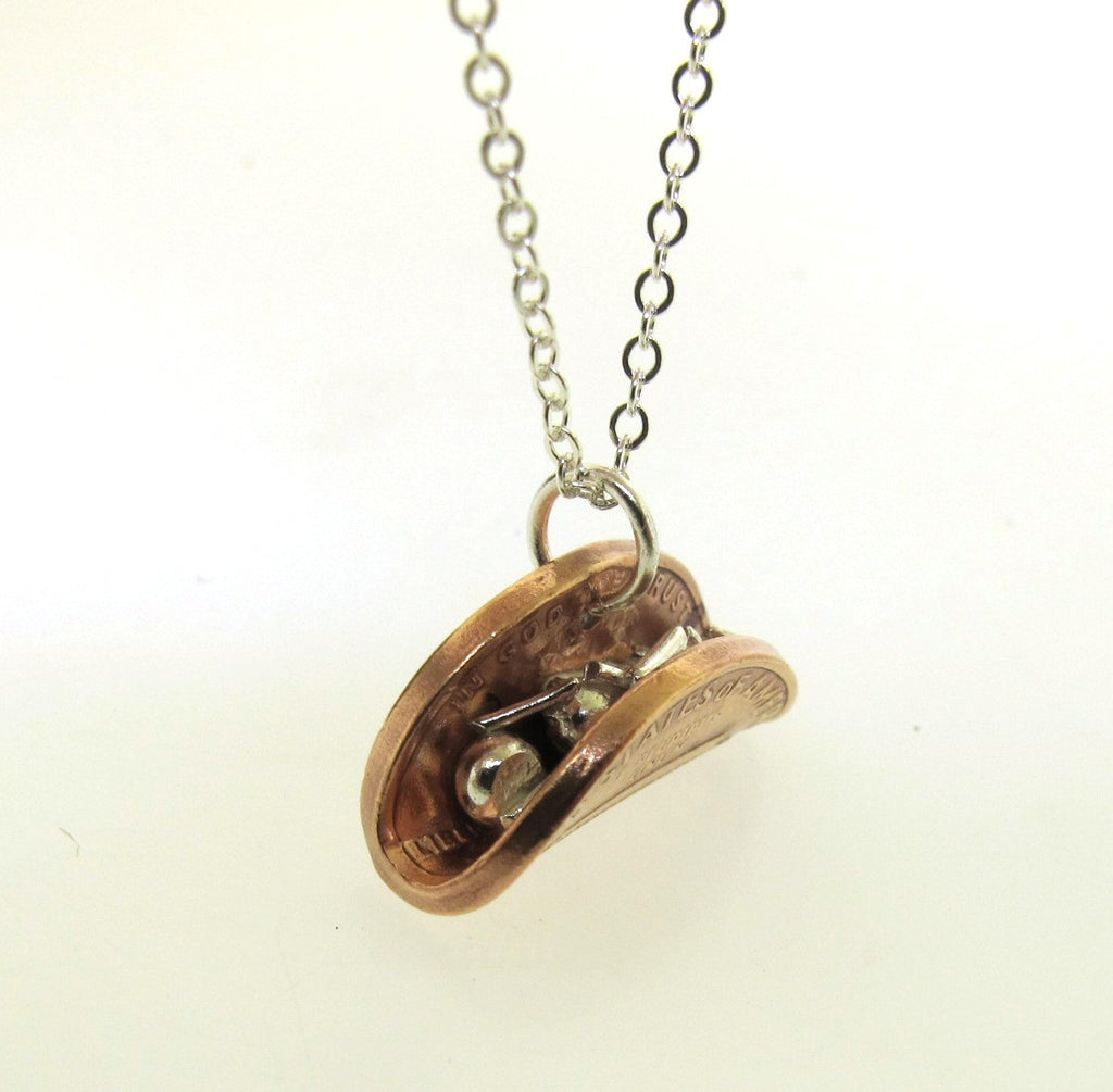 taco made out of penny, charm necklace