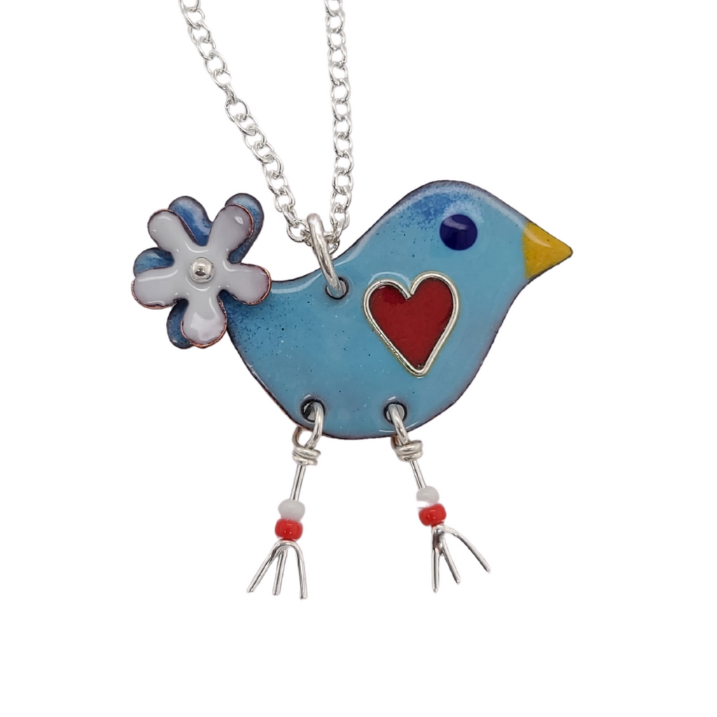 blue bird pendant with red heart